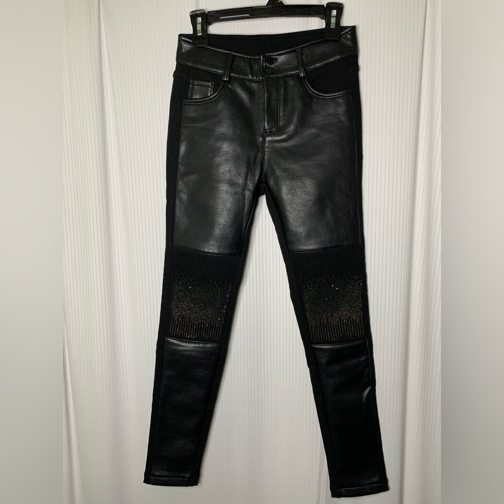 Faux Leather Front and Stretchy Fabric Back Black Pants with Jem Detail on knees